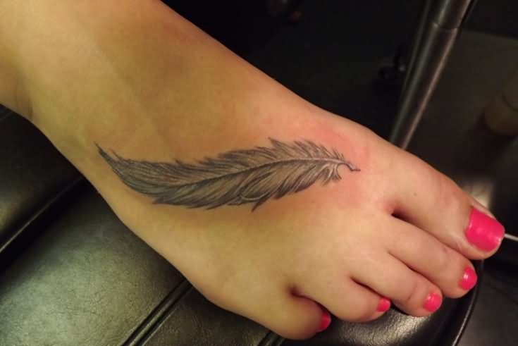Cool Grey Ink Feather Tattoo On Right Foot