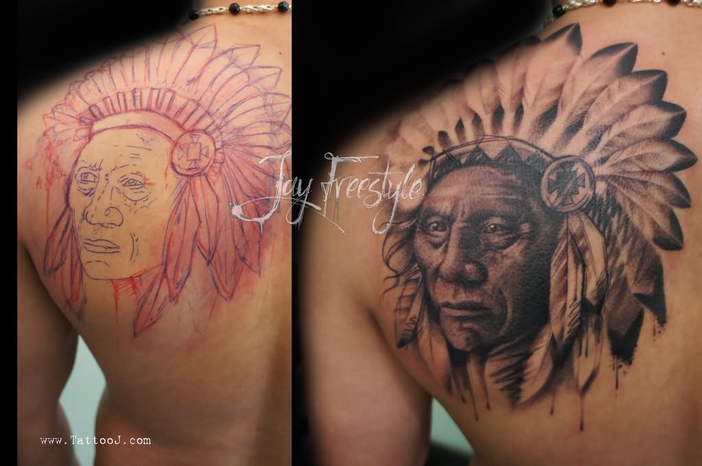 Cool Indian Chief Female Tattoo On Left Back Shoulder By Jay Freestyle