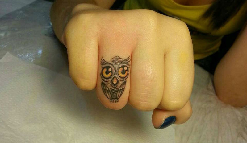 Cool Owl Tattoo On Girl Finger