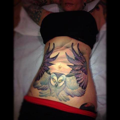 Cool Owl Tattoo On Girl Stomach By Jeff Gogue