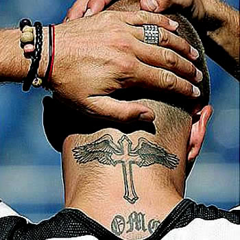 Cross With Wings Tattoo On Man Back Neck
