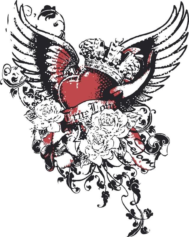 Crown On Gothic Heart With Wings And Flowers Tattoo Design