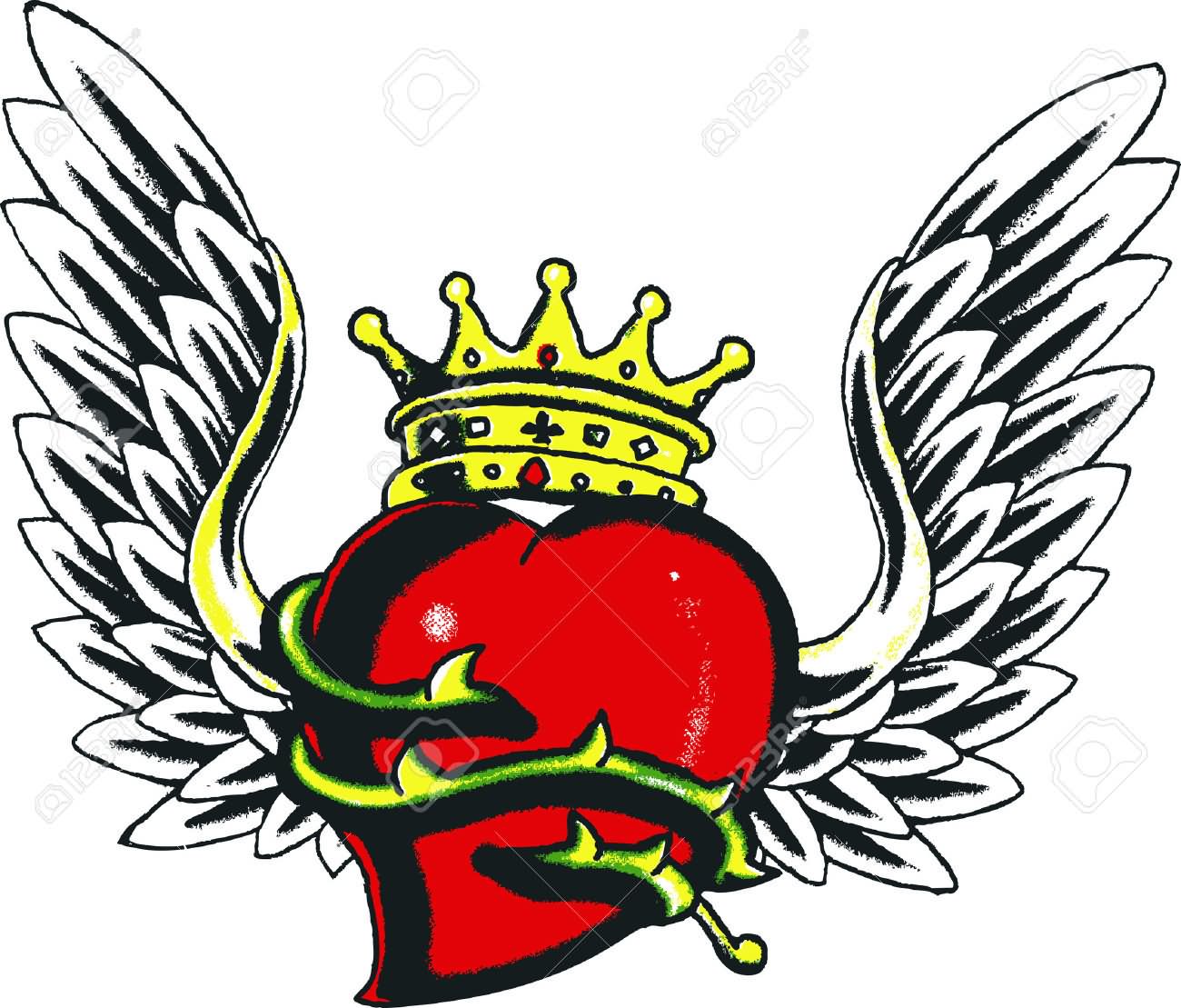 Crown On Gothic Heart With Wings Tattoo Design
