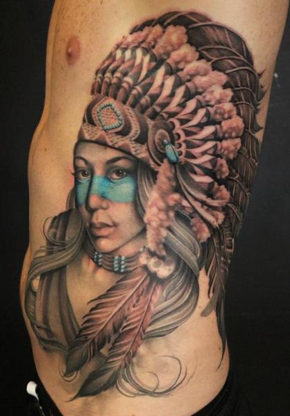 Cute 3D Native Indian Girl Tattoo On Man Side Rib