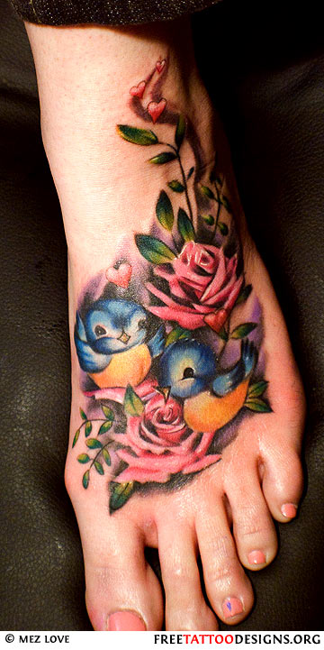Cute Birds With Roses Tattoo On Girl Left Foot