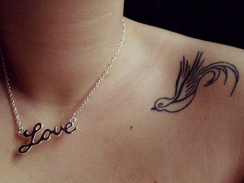 Cute Black Outline Bird Tattoo On Collar Bone