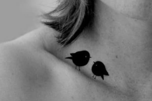 Cute Black Two Flying Bird Tattoo Design For Girl Collar Bone