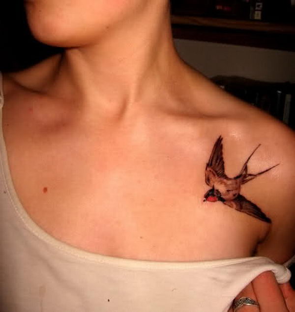 Cute Flying Bird Tattoo On Left Collar Bone