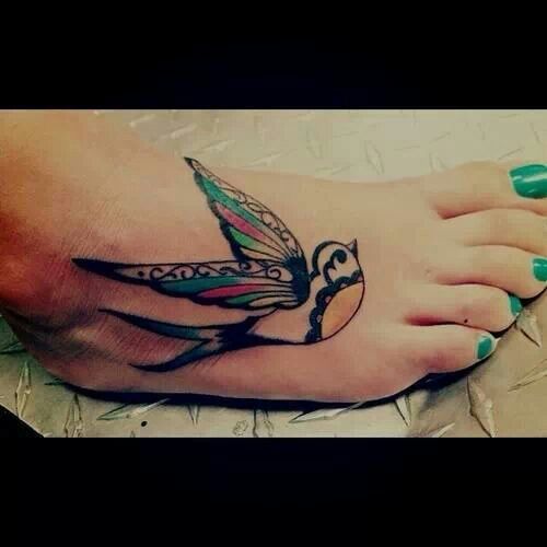 Cute Flying Birds Tattoo On Girl Right Foot
