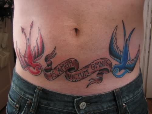 Cute Two Birds With Banner Tattoo Design For Stomach