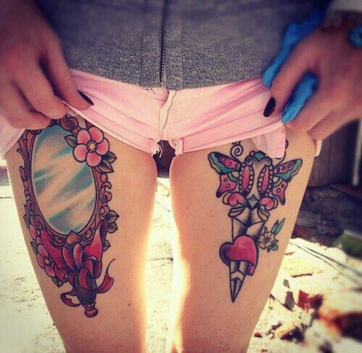 Dagger Heart And Hand Mirror Tattoos On Both Thigh