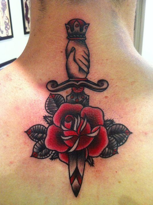 Dagger In Rose Tattoo On Back Neck