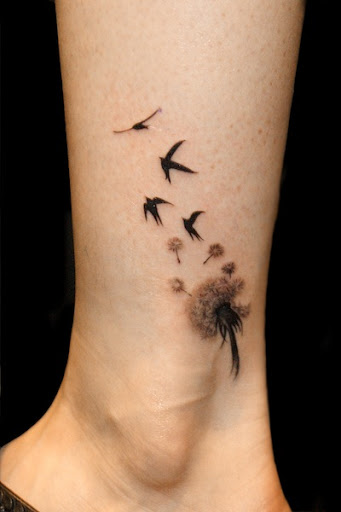 Dandelion With Flying Birds Tattoo On Ankle