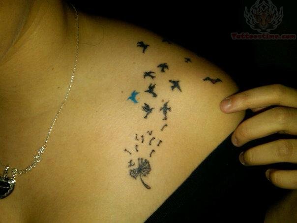 Dandelion With Flying Birds Tattoo On Collar Bone