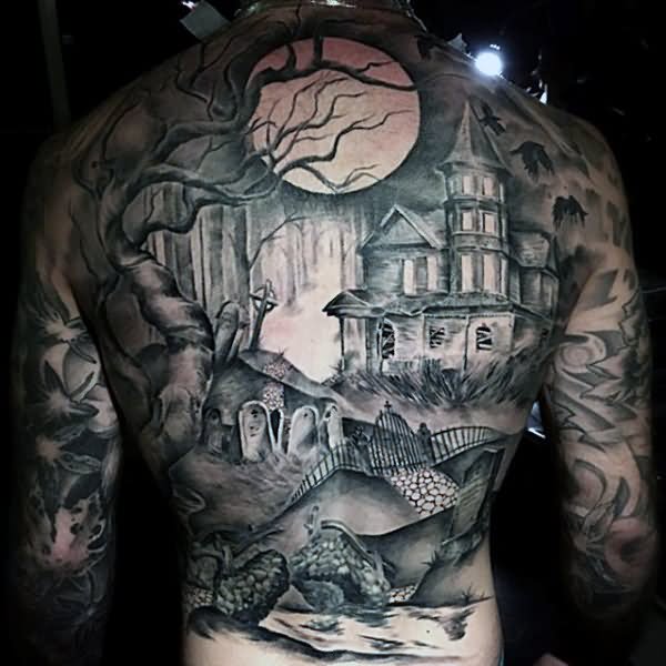 Dark Grey Ink Haunted House Tattoo On Full Back