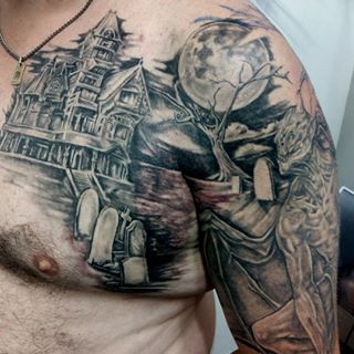 Dark Ink Haunted House Tattoo On Man Front Shoulder
