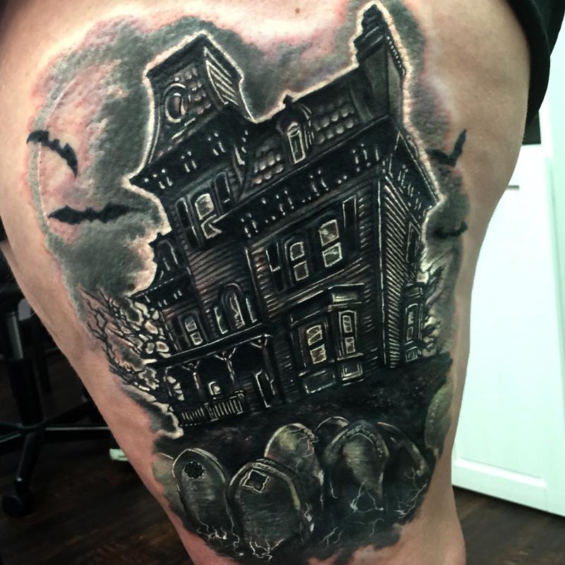Dark Ink Haunted House Tattoo