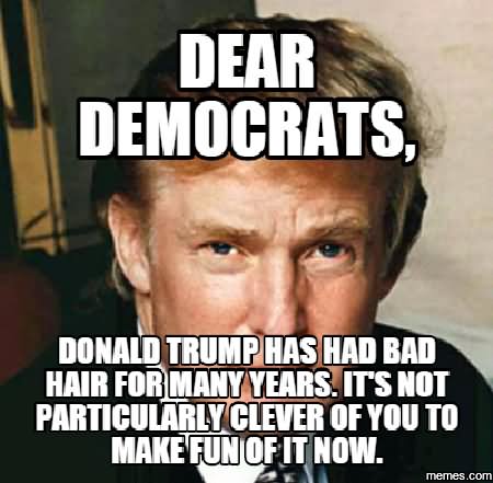 Dear Democrats Donald Trump Has Had Bad Hair For Many Years Funny Donald Trump Meme Photo