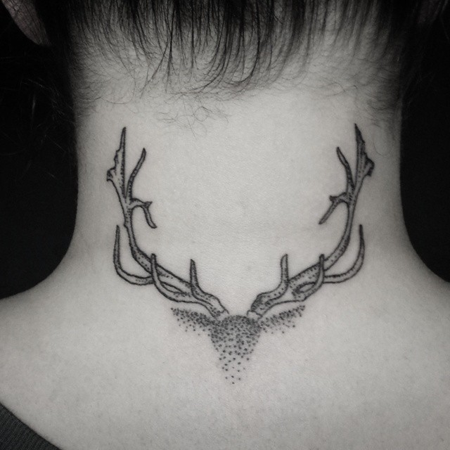 Dotwork Deer Head Tattoo On Back Neck