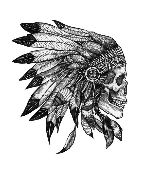Dotwork Indian Chief Female Skull Tattoo Design