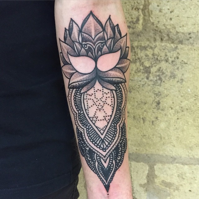 Dotwork Indian Lotus Flower Tattoo Design For Forearm
