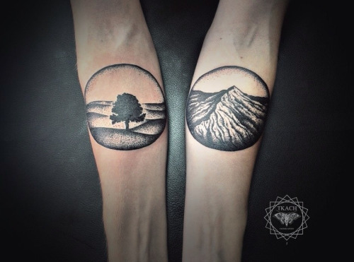 Dotwork Nature Tree With Mountain Tattoo On Both Forearm