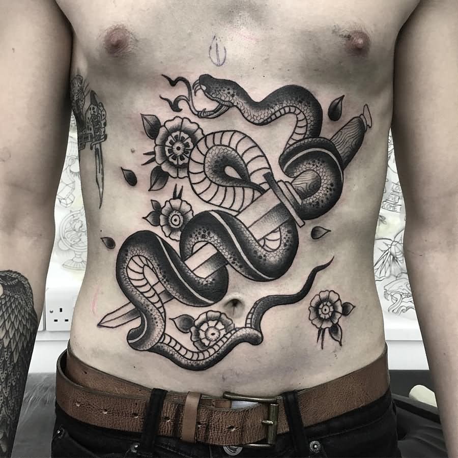 Dotwork Sword With Snake And Flowers Tattoo On Man Stomach