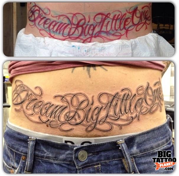 Dream Big Little One Lettering Tattoo On Stomach