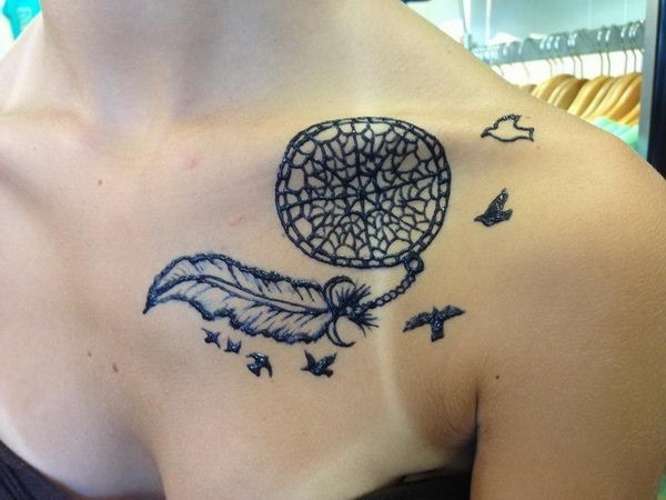 Dreamcatcher With Flying Birds Tattoo On Women Collar Bone