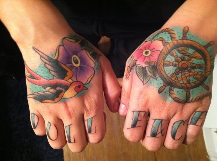 Dull Face Sailor Knuckle Tattoos On Hands