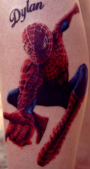 Dylan Spiderman Tattoo On Leg