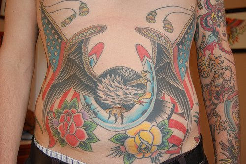 Eagle With USA Flag And Roses Tattoo On Man Stomach