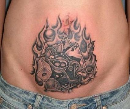 Eight Ball With Playing Cards And Dice In Flame Tattoo On Stomach