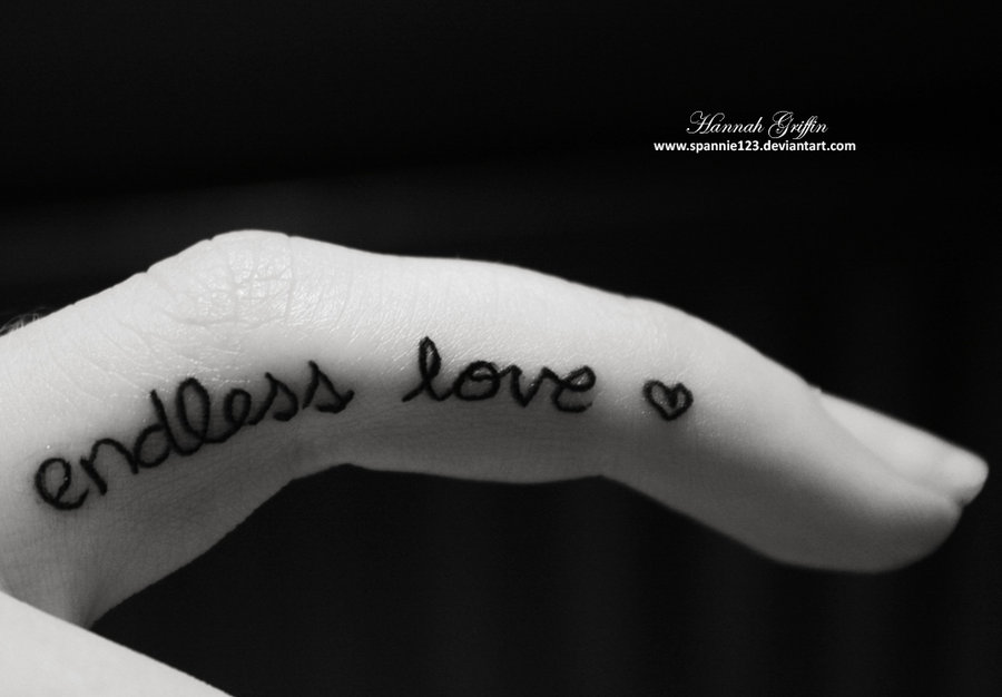 Endless Love Lettering With Heart Tattoo On Side Finger