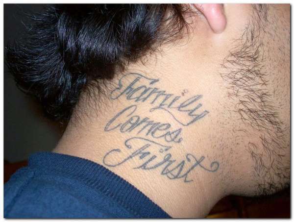 Family Comes First Words Tattoo On Man Side Neck