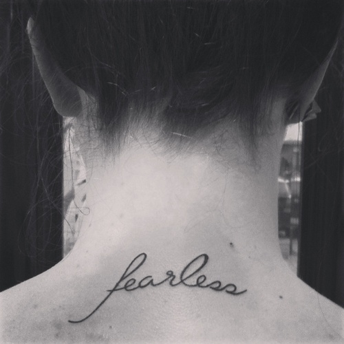 Fearless Word Tattoo On Girl Back Neck