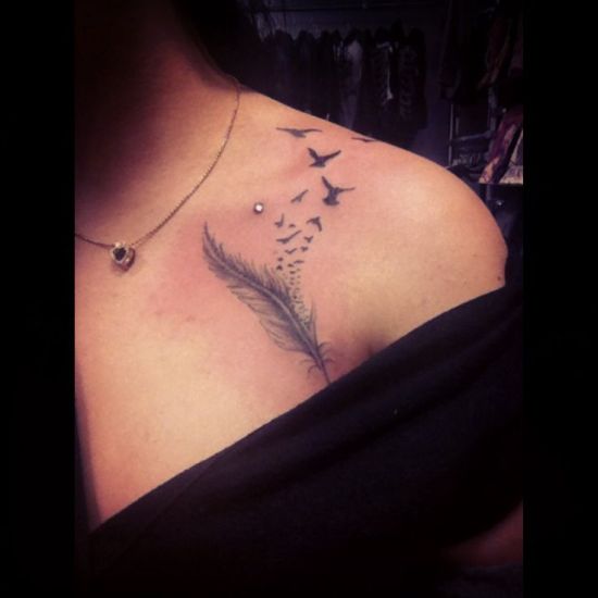 Feather With Flying Birds Tattoo On Left Collar Bone