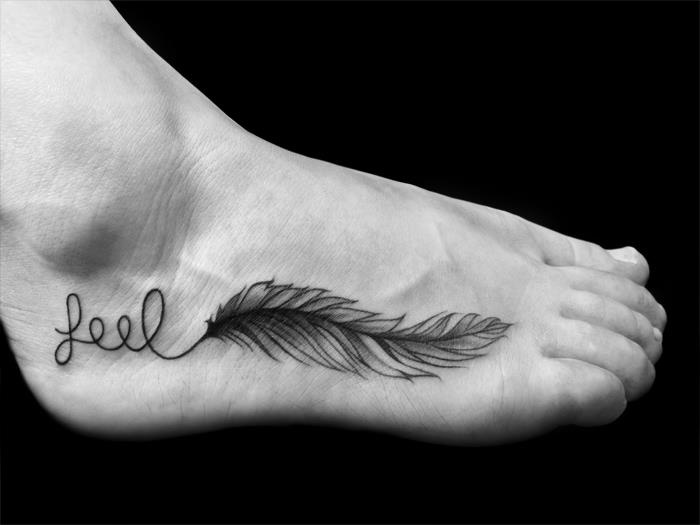 Feel - Black Ink Feather Tattoo On Right Foot By Ben Volt