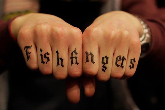 Fish Fingers Lettering Tattoo On Both Hand Fingers