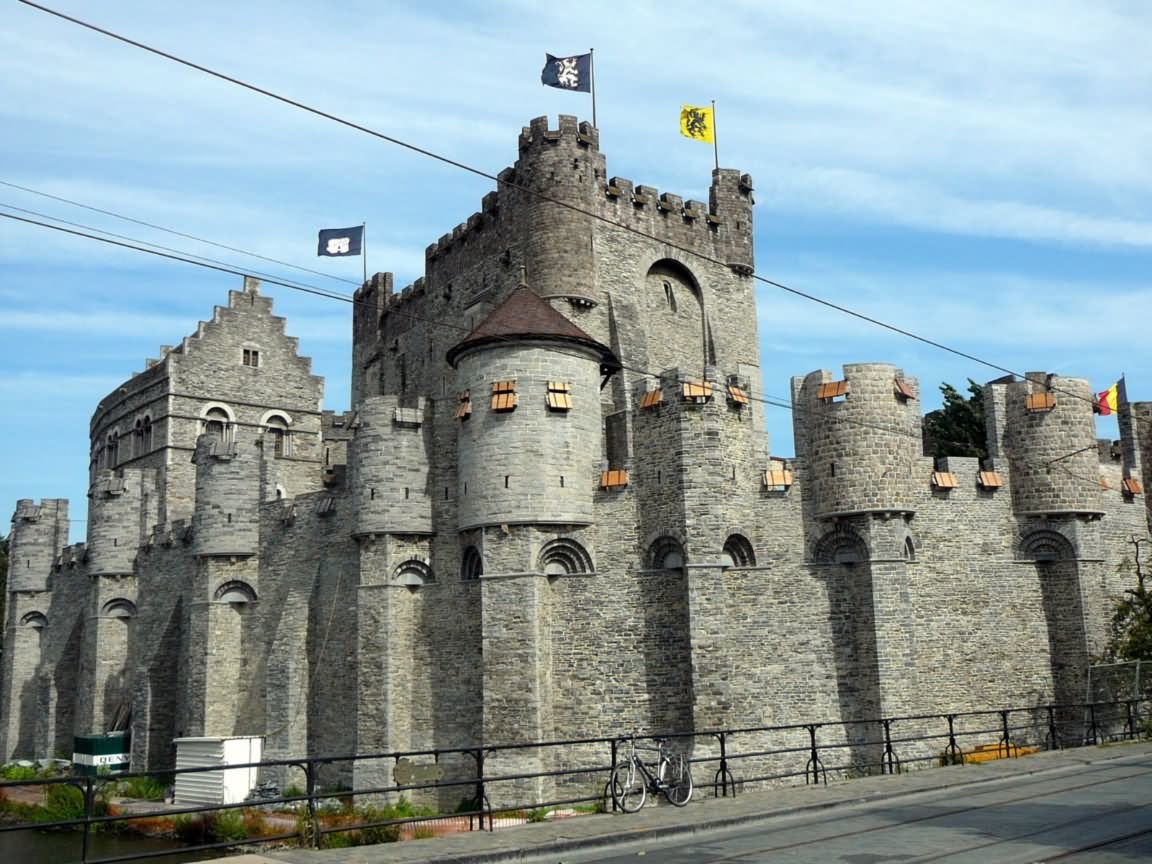 Flags On The Top Of The Gravensteen Castle In Belgium
