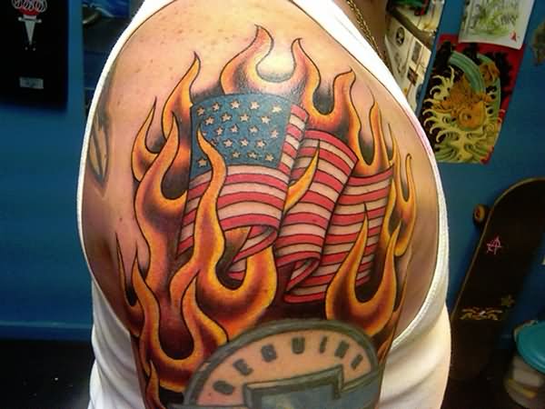 Flaming American Flag Tattoo On Man Right Shoulder