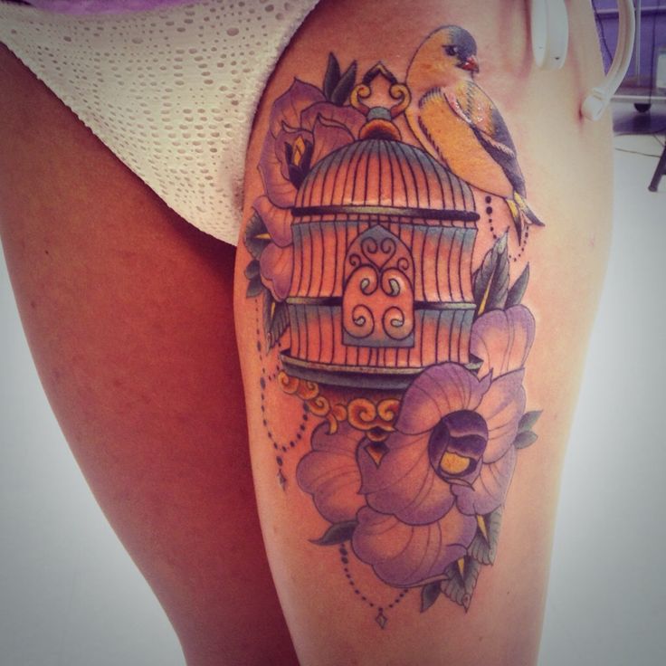 Flower And Cage Tattoo On Left Thigh