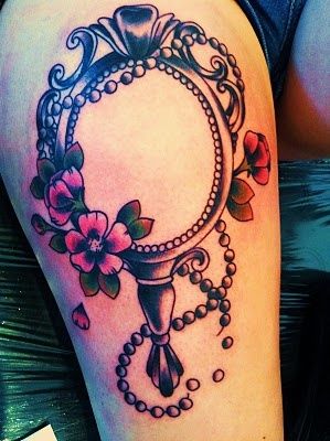 Flowers And Victorian Hand Mirror Tattoo
