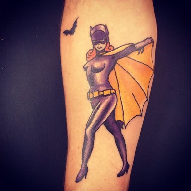 Flying Bat And Batgirl Tattoo On Arm