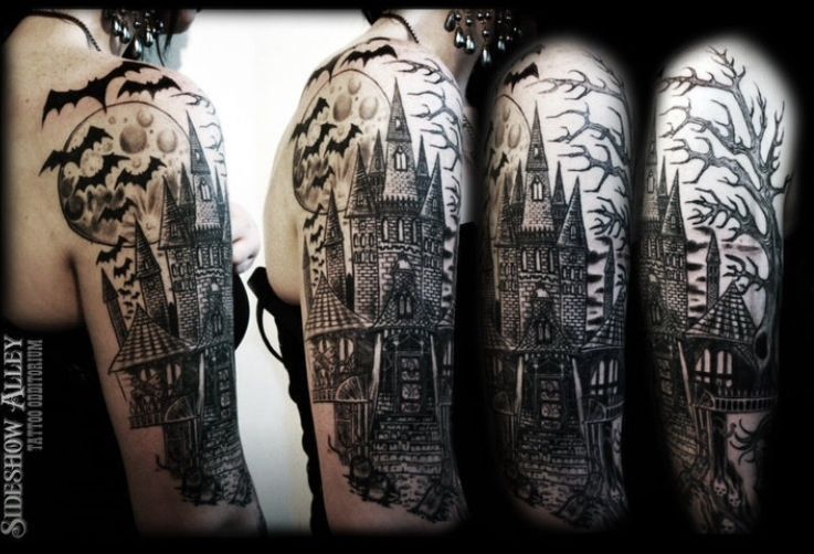 Flying Bats And Haunted House Tattoo On Half Sleeve by Jason Roberts