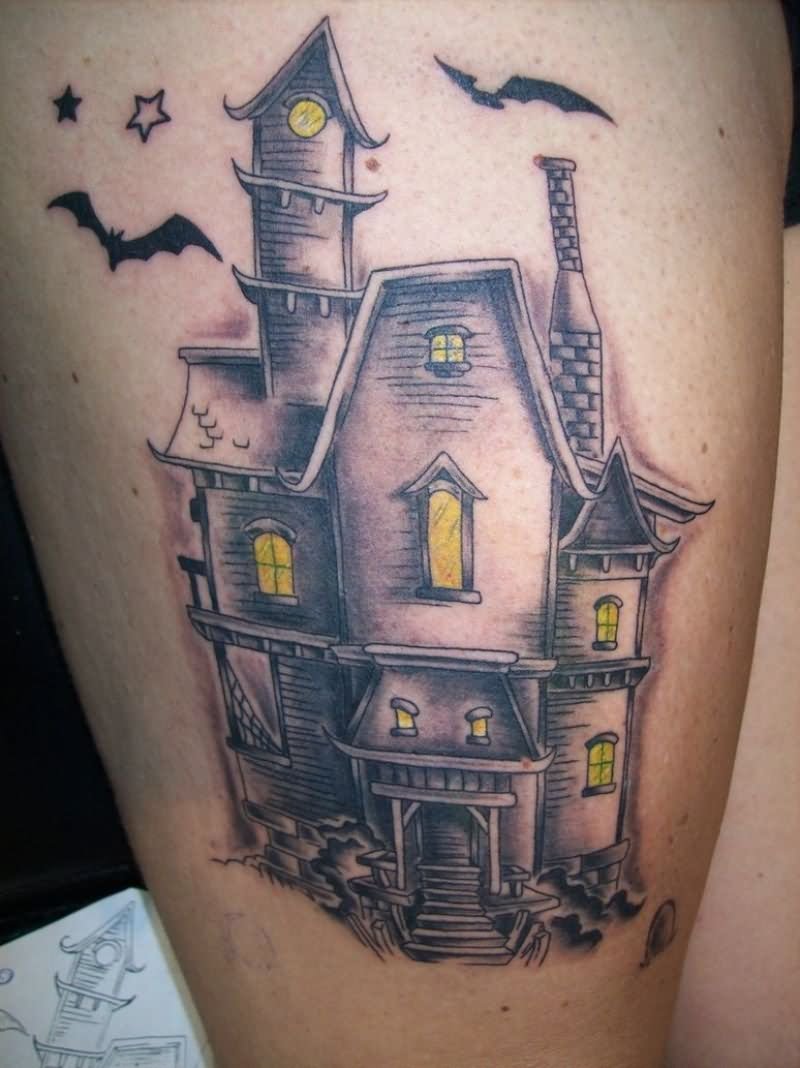 Flying Bats And Traditional Haunted House Tattoo