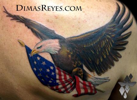 Flying Eagle With USA Flag Tattoo On Right Back Shoulder