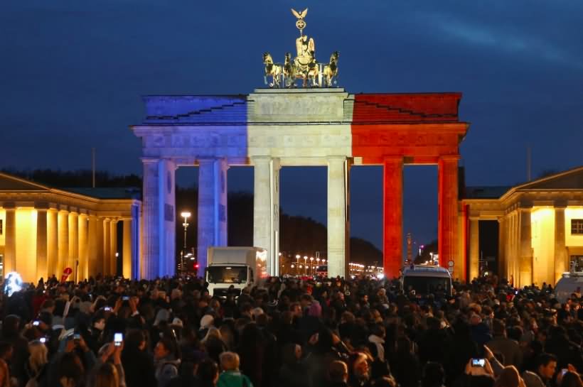 French Flag Colored Lights On the Brandenburg Gate At Night