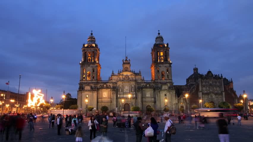Front Picture Of The Mexico City Metropolitan Cathedral At Night