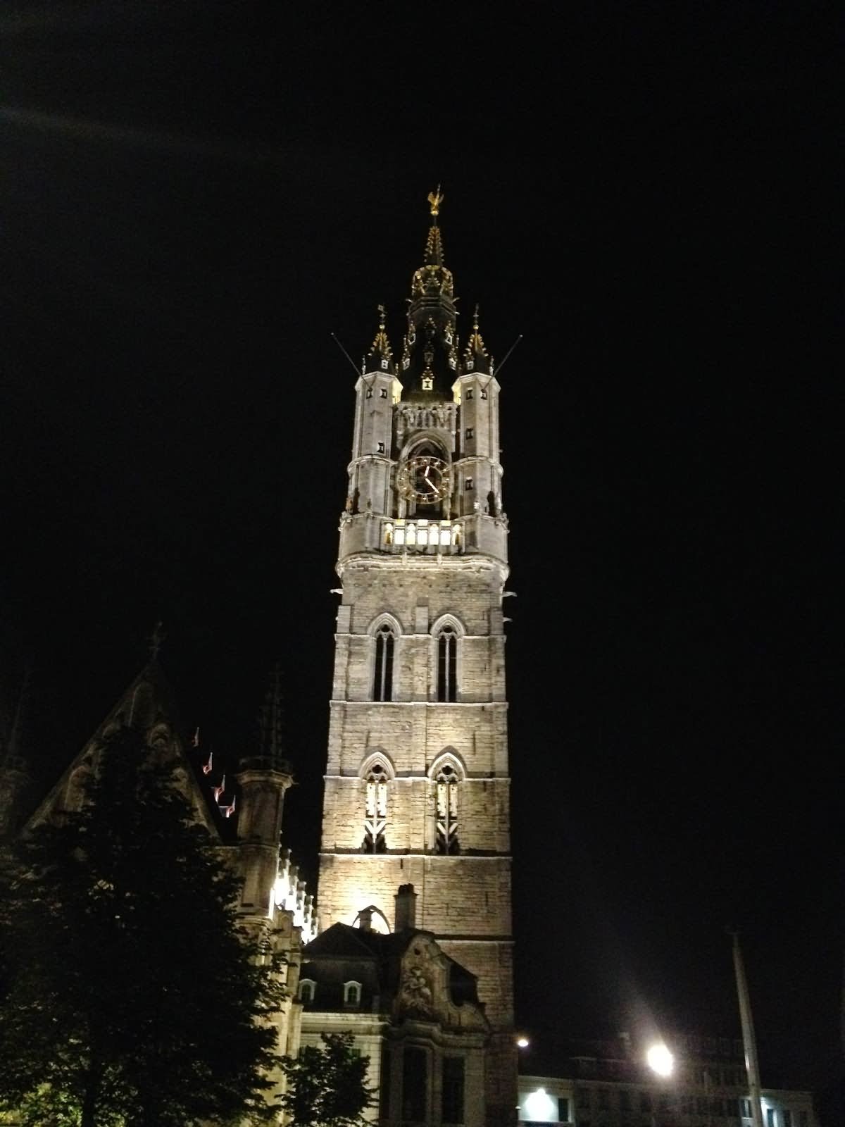 Front View Of The Belfry Of Ghent At Night